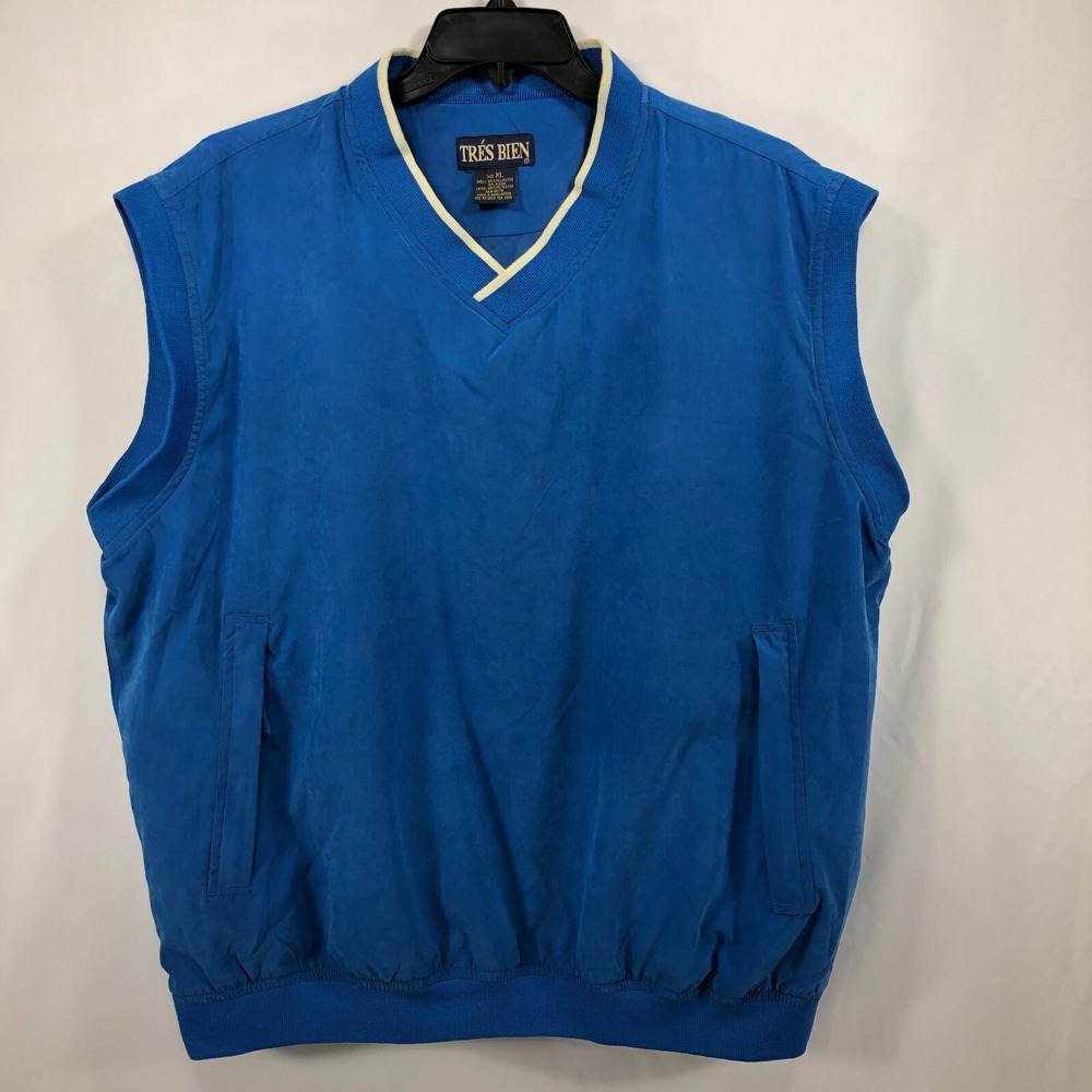 TRES BIEN Golf Vest Men's Size XL Blue Suede Sleeveless‎ Zipper Pockets Lined